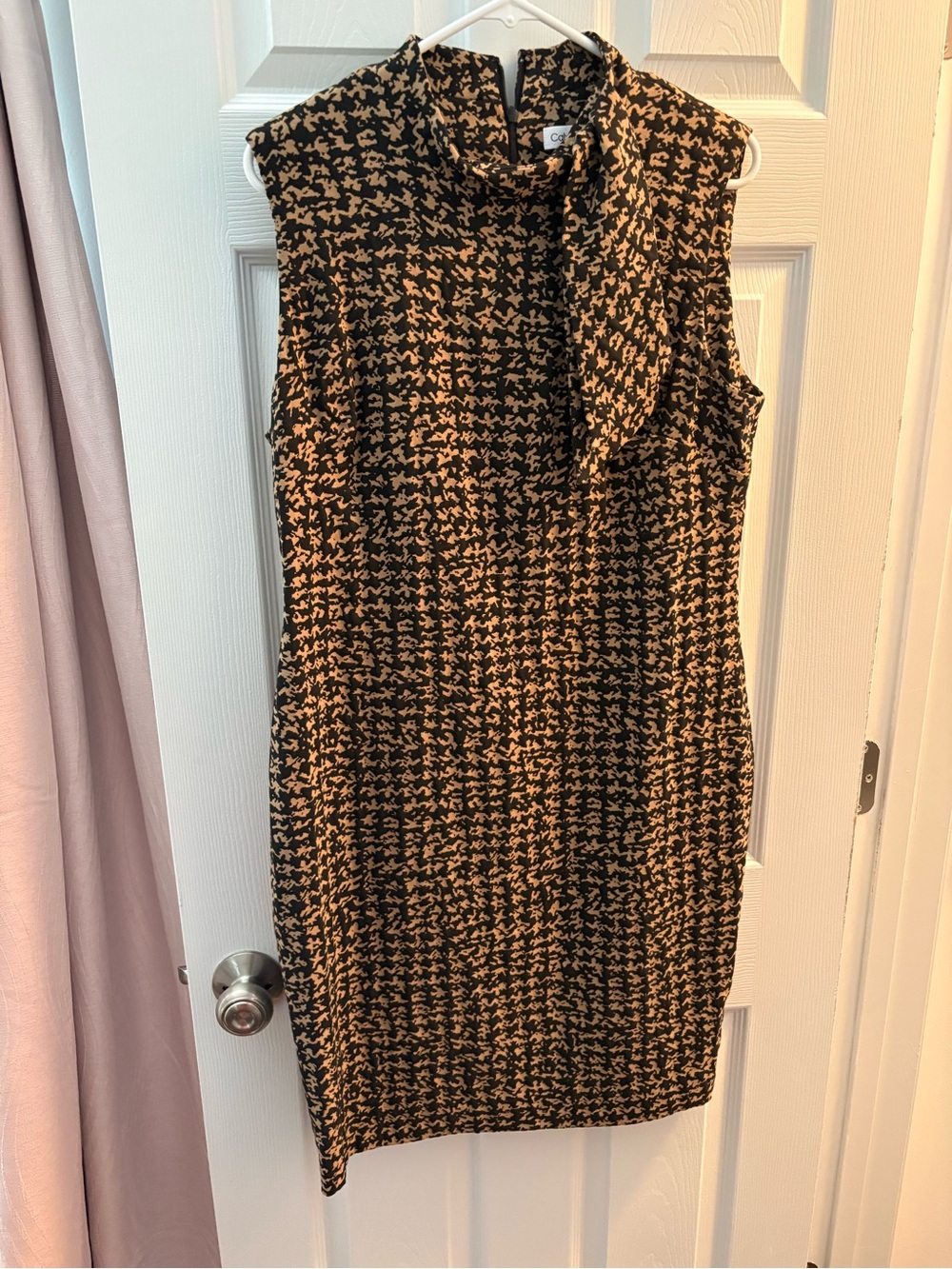 Calvin Klein Black and Tan Patterned Sleeveless Midi Dress with Neck Tie